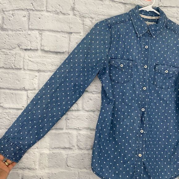 SO 100% cotton button down polka dot top w/button pockets & sleeves sz M - Picture 3 of 7